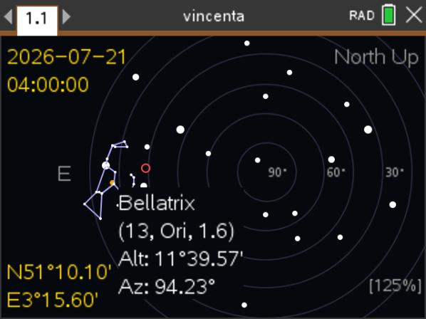Vincenta interactive sky plot with Bellatrix highlighted and Orion constellation drawn